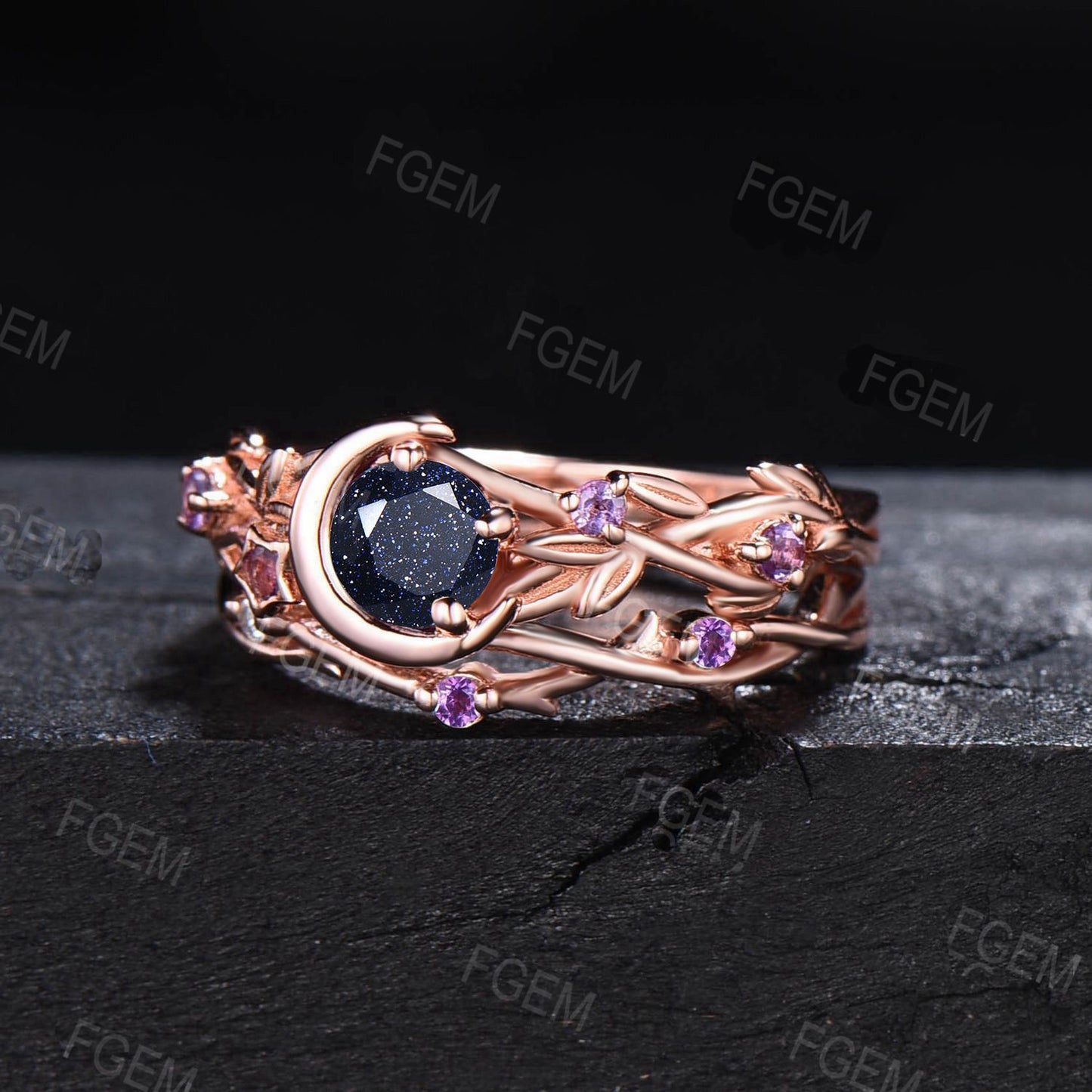 Moon Star Design Galaxy Blue Sandstone Engagement Ring Set Twig leaf Vine Amethyst Bridal Set Round Starry Sky Goldstone Ring Promise Gift