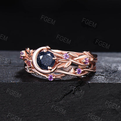 Moon Star Design Galaxy Blue Sandstone Engagement Ring Set Twig leaf Vine Amethyst Bridal Set Round Starry Sky Goldstone Ring Promise Gift