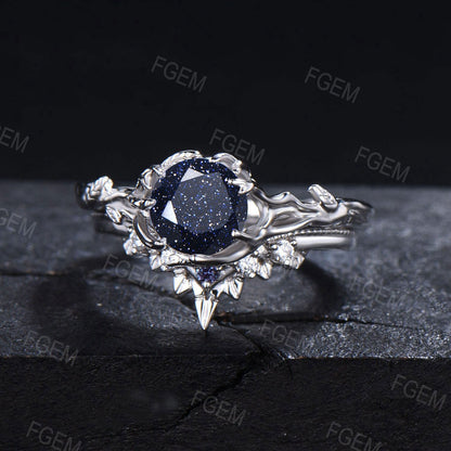 Leaf Textured Round Starry Sky Blue Sandstone Engagement Ring Branch Moissanite Bridal Set Vintage Blue Goldstone Wedding Ring Proposal Gift