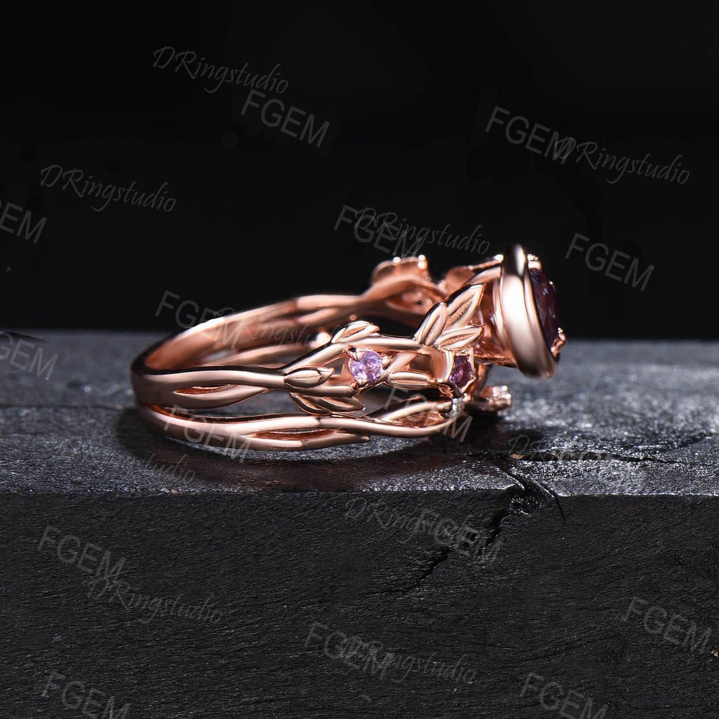 Moon Star Design Galaxy Blue Sandstone Engagement Ring Set Twig leaf Vine Amethyst Bridal Set Round Starry Sky Goldstone Ring Promise Gift