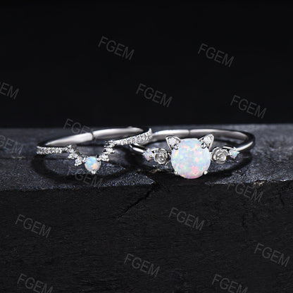 Cat Shaped 6.5mm Round Cut Opal Engagament Ring Set Moissanite Cluster Ring Unique Kitten White Opal Bridal Set Proposal Gifts For Cat Lover