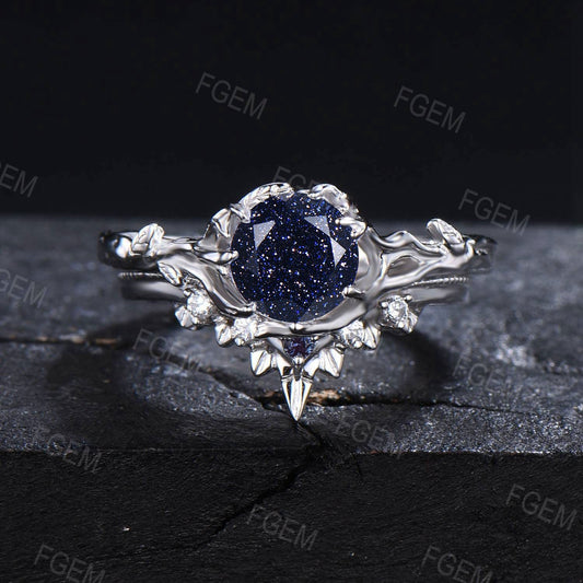 Leaf Textured Round Starry Sky Blue Sandstone Engagement Ring Branch Moissanite Bridal Set Vintage Blue Goldstone Wedding Ring Proposal Gift