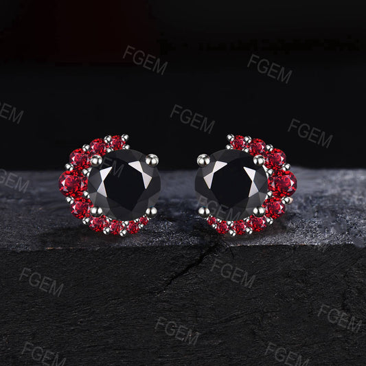 5mm Round Cut Natural Black Onyx Stud Earrings Unique Cluster Ruby Earrings Black Gemstone Wedding Earring Flower Earrings Proposal Gifts