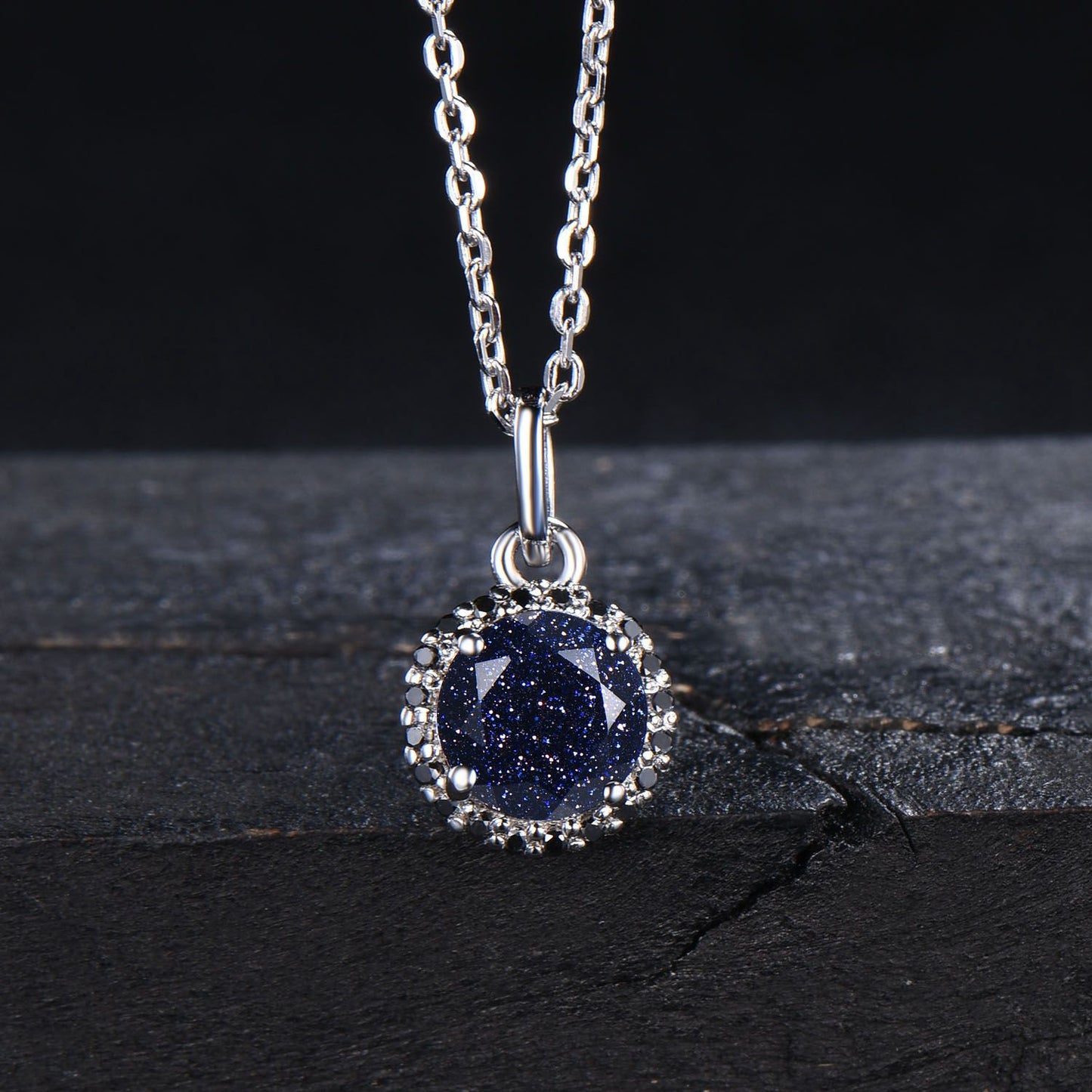 Vintage Blue Sandstone Halo Necklace 14K Solid Gold Natural Black Diamond Pendant Layer Blue Goldstone Necklace Minimalist Jewelry for Women