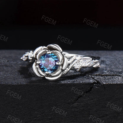 Rose Flower Engagement Ring Round Color-Change Alexandrite Wedding Ring Silver Floral Moissanite Ring June Birthstone Jewelry Proposal Gifts