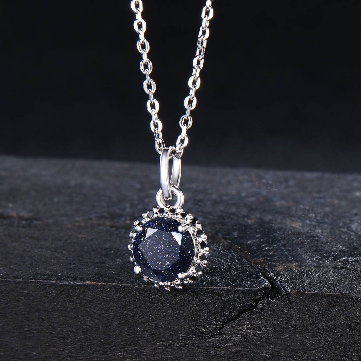 Vintage Blue Sandstone Halo Necklace 14K Solid Gold Natural Black Diamond Pendant Layer Blue Goldstone Necklace Minimalist Jewelry for Women