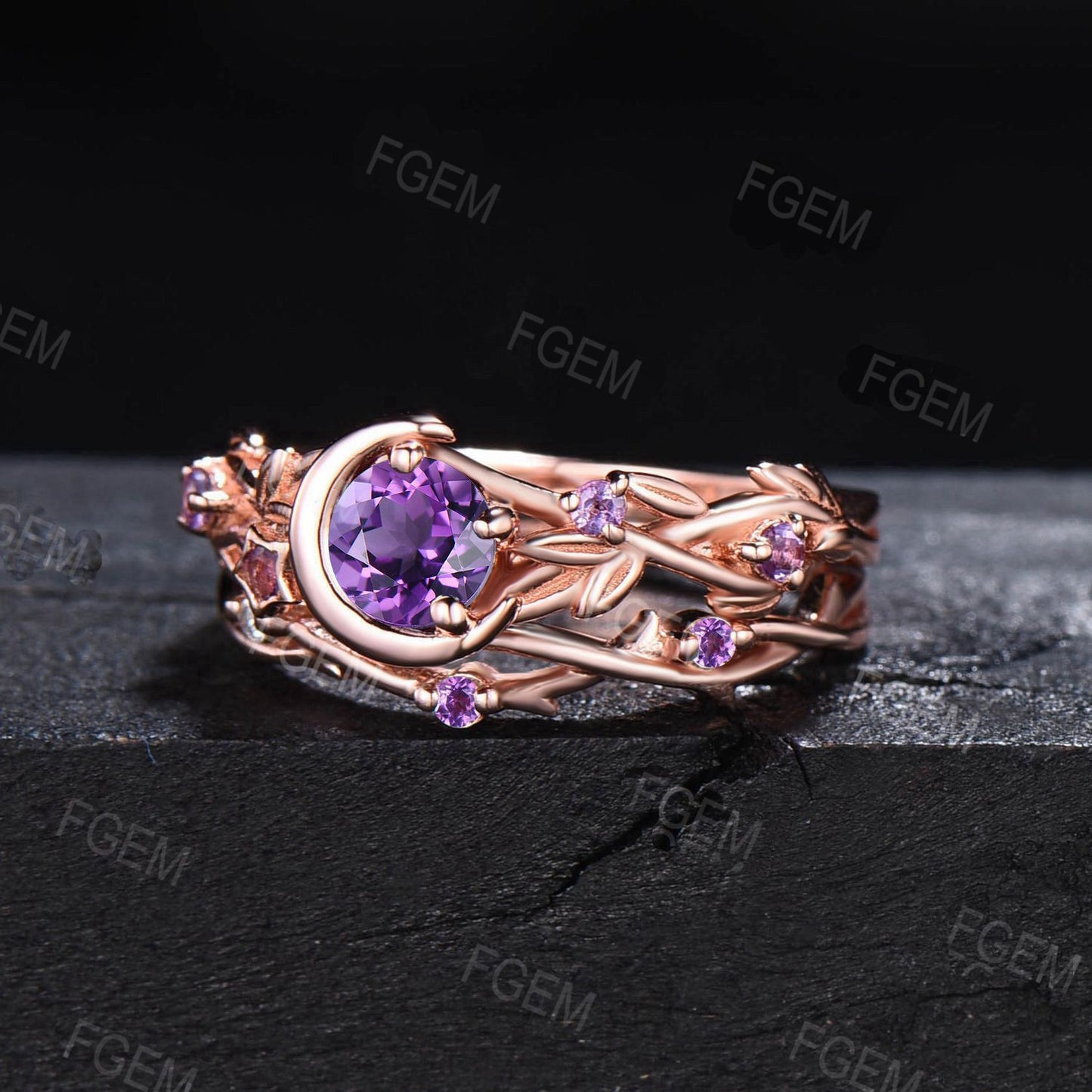 Moon Star Natural Amethyst Engagement Ring Set 5mm Round Amethyst Ring Nature Style Branch Leaf Amethyst Bridal Set February Birthstone Gift