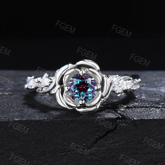 Rose Flower Engagement Ring Round Color-Change Alexandrite Wedding Ring Silver Floral Moissanite Ring June Birthstone Jewelry Proposal Gifts