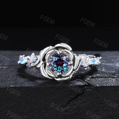 Rose Flower Engagement Ring Round Color-Change Alexandrite Wedding Ring Silver Floral Moissanite Ring June Birthstone Jewelry Proposal Gifts