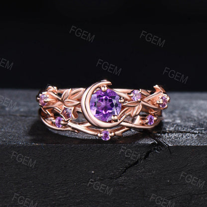 Moon Star Natural Amethyst Engagement Ring Set 5mm Round Amethyst Ring Nature Style Branch Leaf Amethyst Bridal Set February Birthstone Gift