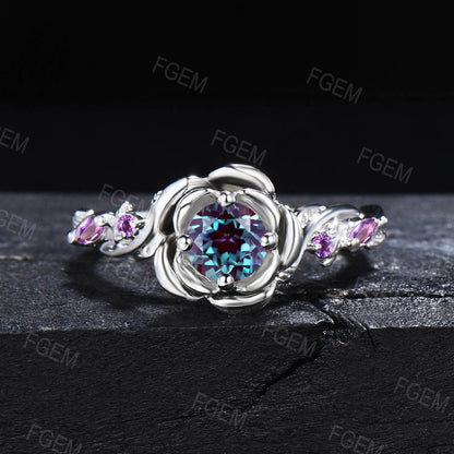 Rose Flower Engagement Ring Round Color-Change Alexandrite Wedding Ring Silver Floral Moissanite Ring June Birthstone Jewelry Proposal Gifts