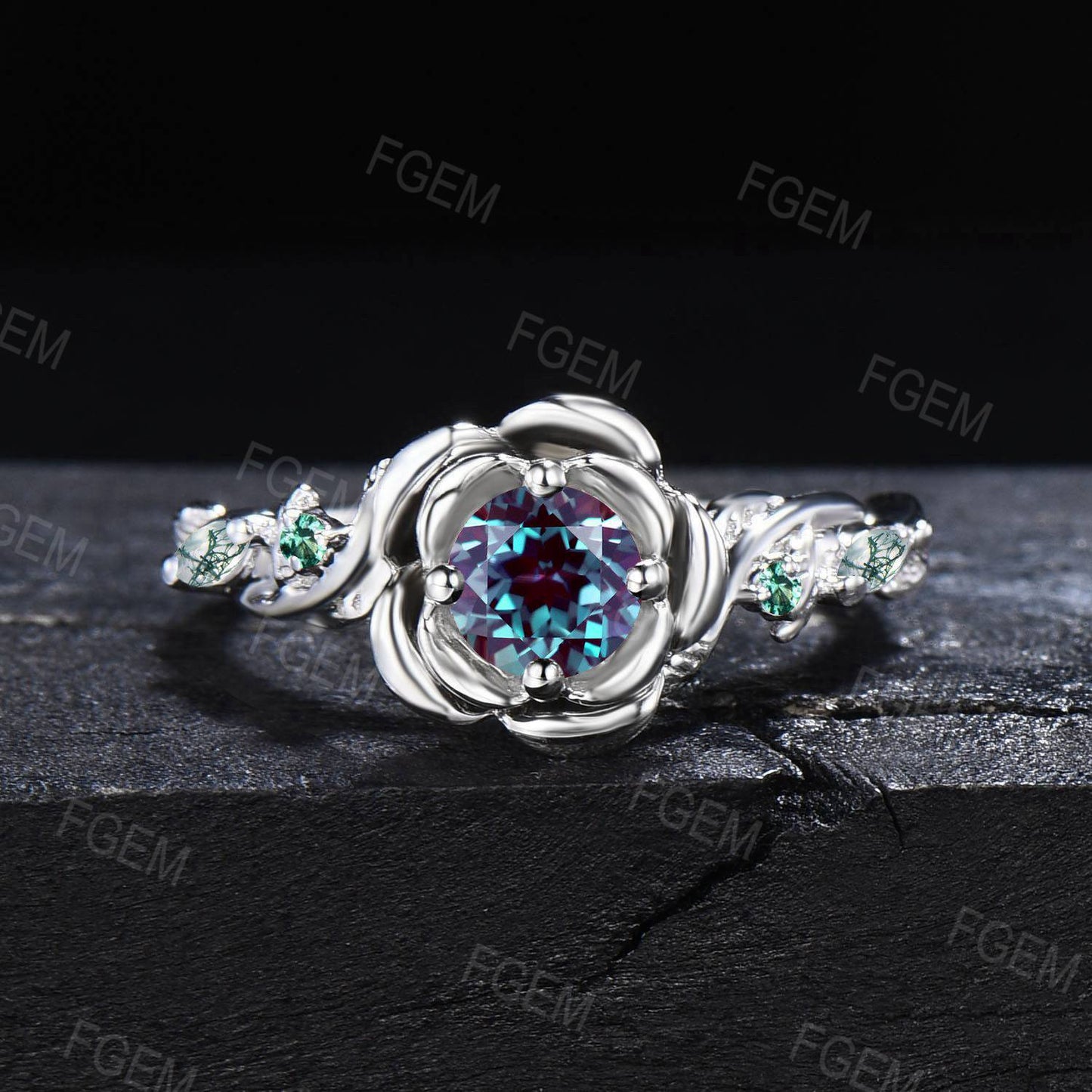 Rose Flower Engagement Ring Round Color-Change Alexandrite Wedding Ring Silver Floral Moissanite Ring June Birthstone Jewelry Proposal Gifts