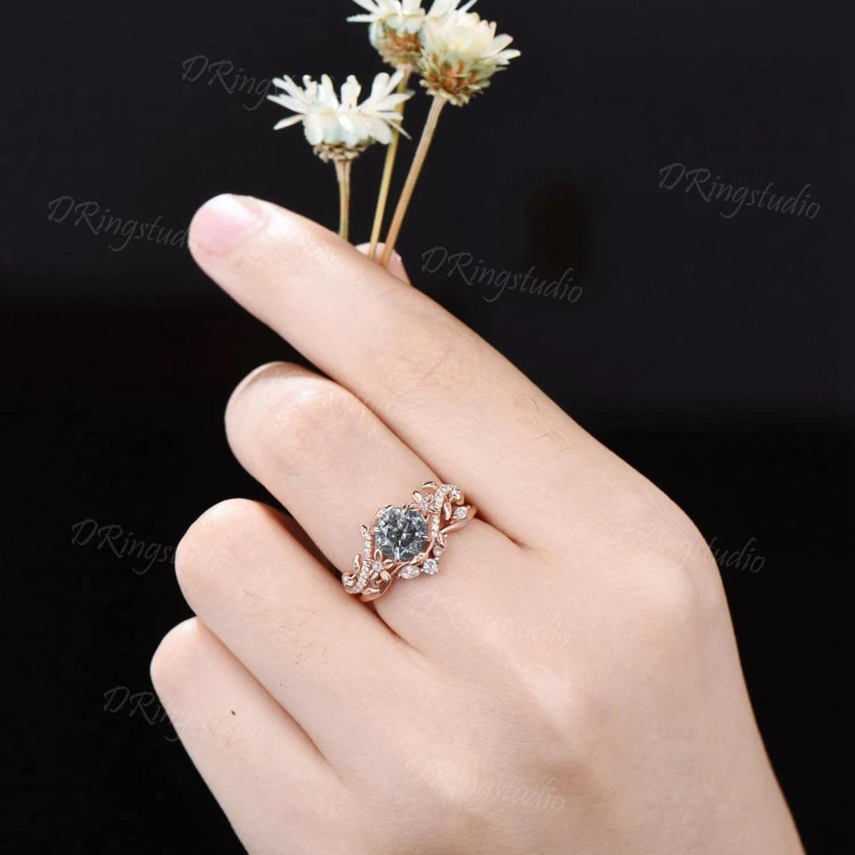 1ct Round Cut Natural Salt And Pepper Diamond Engagement Ring Set 14K Rose Gold Vine Floral Moissanite Stacking Ring For Alternative Women