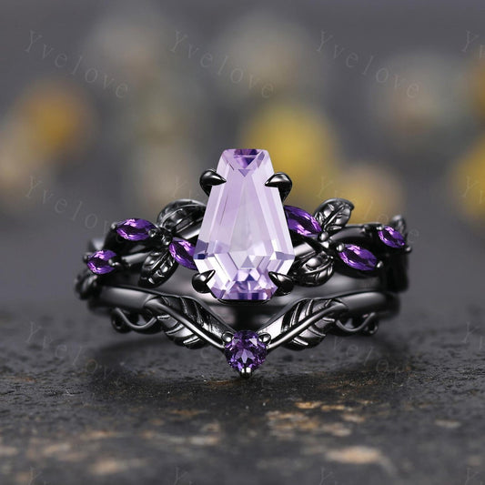Coffin Shape Lavender Amethyst Ring,Vintage Twig Vine Leaf Ring,Antique Amethyst Bridal Promise Ring Set Anniversary Gift Black Gold band