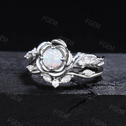 Rose Flower Opal Engagement Ring Set 5mm Round Opal Bridal Set White Gold Floral Ring Nature Inspired Entangled Vine Ring Women Gift