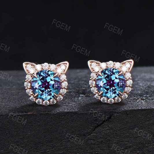 1ct Round Color-Change Alexandrite Halo Moissanite Earrings June Birthstone Alexandrite Earrings Cute Cat Stud Earrings Birthday Gifts Women
