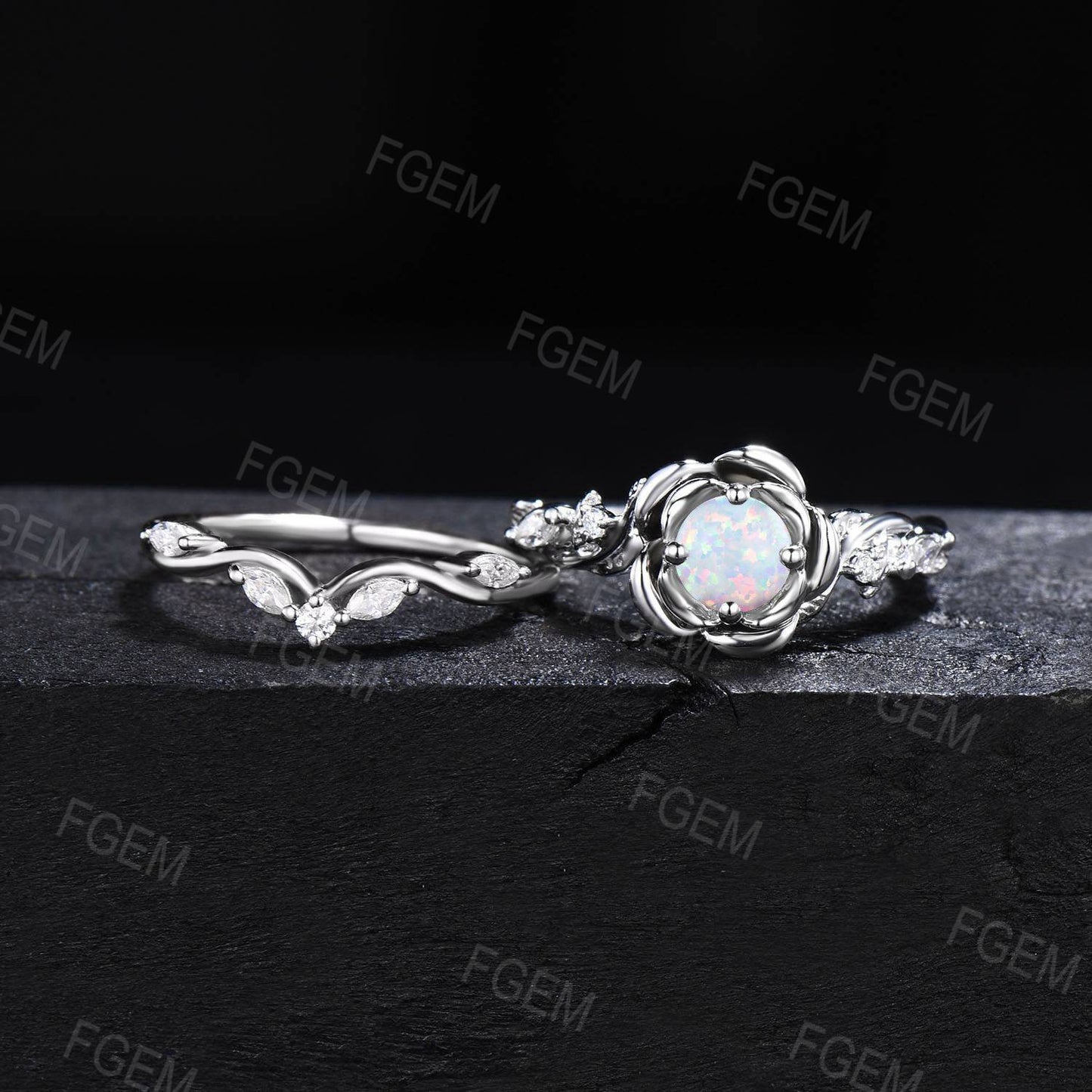 Rose Flower Opal Engagement Ring Set 5mm Round Opal Bridal Set White Gold Floral Ring Nature Inspired Entangled Vine Ring Women Gift