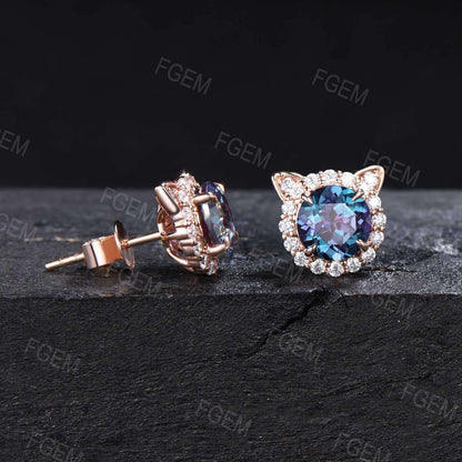 1ct Round Color-Change Alexandrite Halo Moissanite Earrings June Birthstone Alexandrite Earrings Cute Cat Stud Earrings Birthday Gifts Women