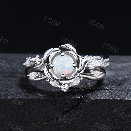 Rose Flower Opal Engagement Ring Set 5mm Round Opal Bridal Set White Gold Floral Ring Nature Inspired Entangled Vine Ring Women Gift