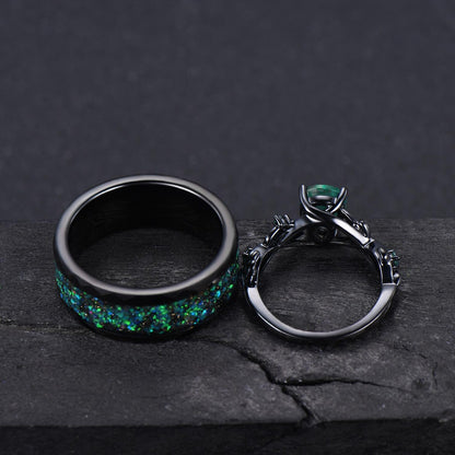 Gothic Black Green Emerald Couples Ring Black Gold Matching Ring Set Tungsten Black Opal Promise Ring Set For Men and Women Anniversary Gift