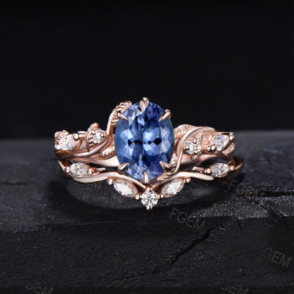Oval Cut Genuine Tanzanite Ring Set Nature Inspired Twig Engagement Ring Branch Moissanite Diamond Wedding Ring Set Women Anniversary Gifts