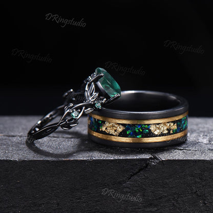 2pcs Pear Green Emerald Couple Set Gothic Black Gold Leaf Vine His and Hers Wedding Ring Nature Inspired Promise Ring Tungsten Matching Band