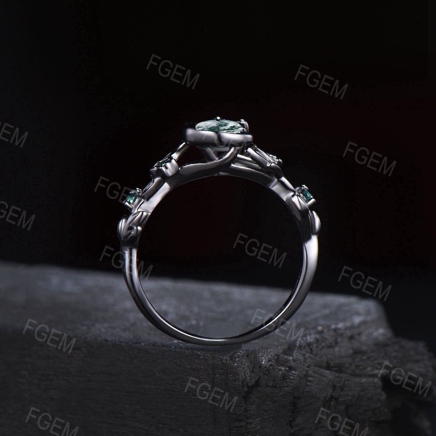 Moon Star Design 5mm Round Natural Moss Agate Engagement Ring 14k/18k Black Gold Emerald Ring Branch Leaf Green Moss Wedding Ring Women Gift
