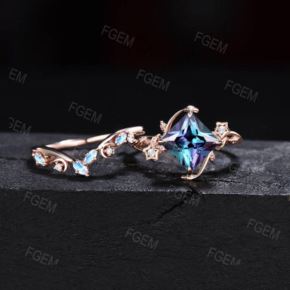 2ct Princess Cut Alexandrite Ring Set Art Deco Moon Star Moonstone Bridal Set Nature Inspired Twig Leaf Alexandrite Wedding Ring for Women