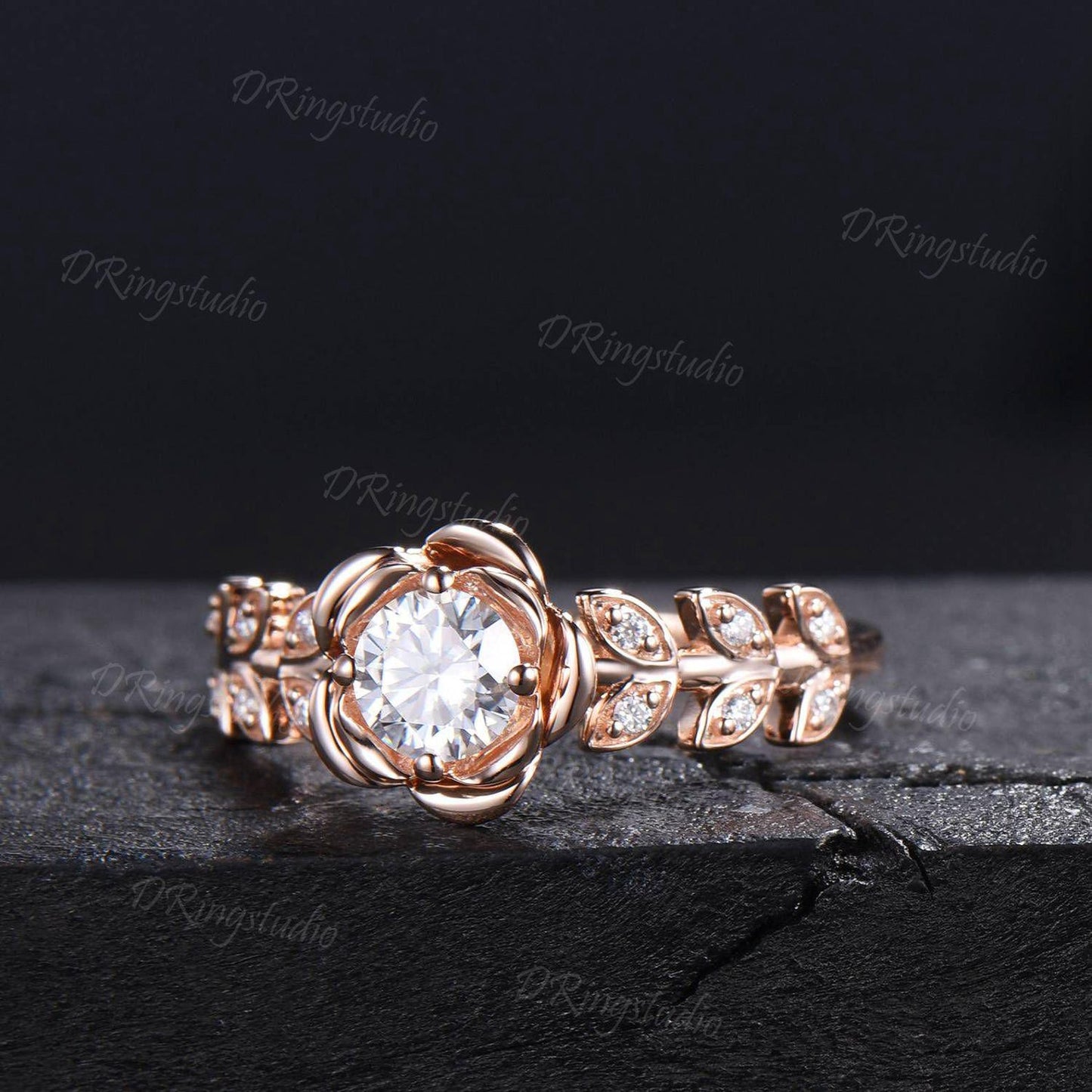 Rose Flower Moissanite Engagement Ring 10K/14K/18K Rose Gold Vintage Leaf Diamond Bridal Ring Unique Anniversary Gift Floral Wedding Ring
