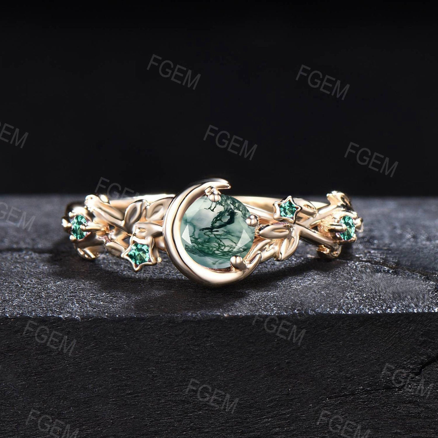 Moon Star Design 5mm Round Natural Moss Agate Engagement Ring 14k/18k Black Gold Emerald Ring Branch Leaf Green Moss Wedding Ring Women Gift