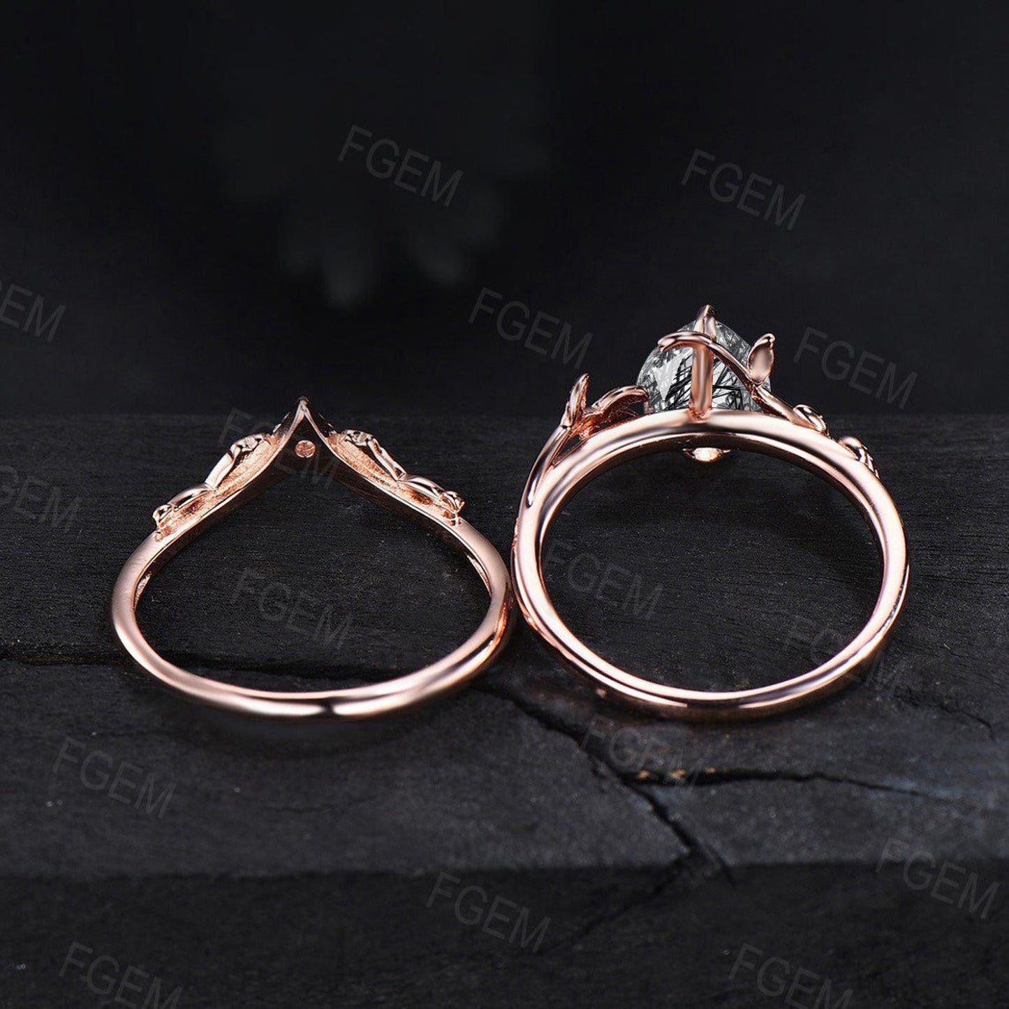 1.25ct Natural Black Rutilated Quartz Ring Set Vintage Pear Tourmalinated Quartz Ring Set Black Crystal Vintage 14K Rose Gold Nature Inspired Engagement Ring