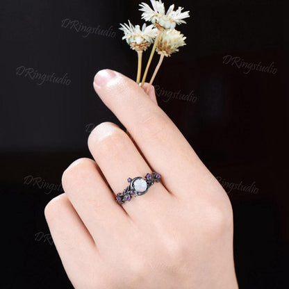 Black Gold Nature Inspired Round Opal Engagement Ring Nebula Moon Star Amethyst Wedding Ring Gothic Black Twig Leaf Bridal Ring Jewelry Gift