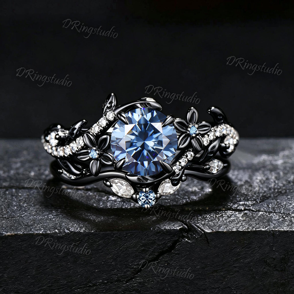Nature Inspired Blue Moissanite Engagement Ring Set 1ct Round Cut Gray Blue Moissanite Cluster Wedding Ring Set Leaf Vine Branch Bridal Set