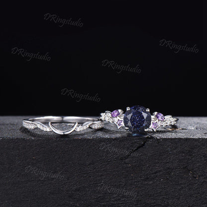 Black Gold Moon Nebula Blue Sandstone Ring Set Celestial Round Blue Goldstone Star Engagement Ring Amethyst Cluster Promise Bridal Ring Set