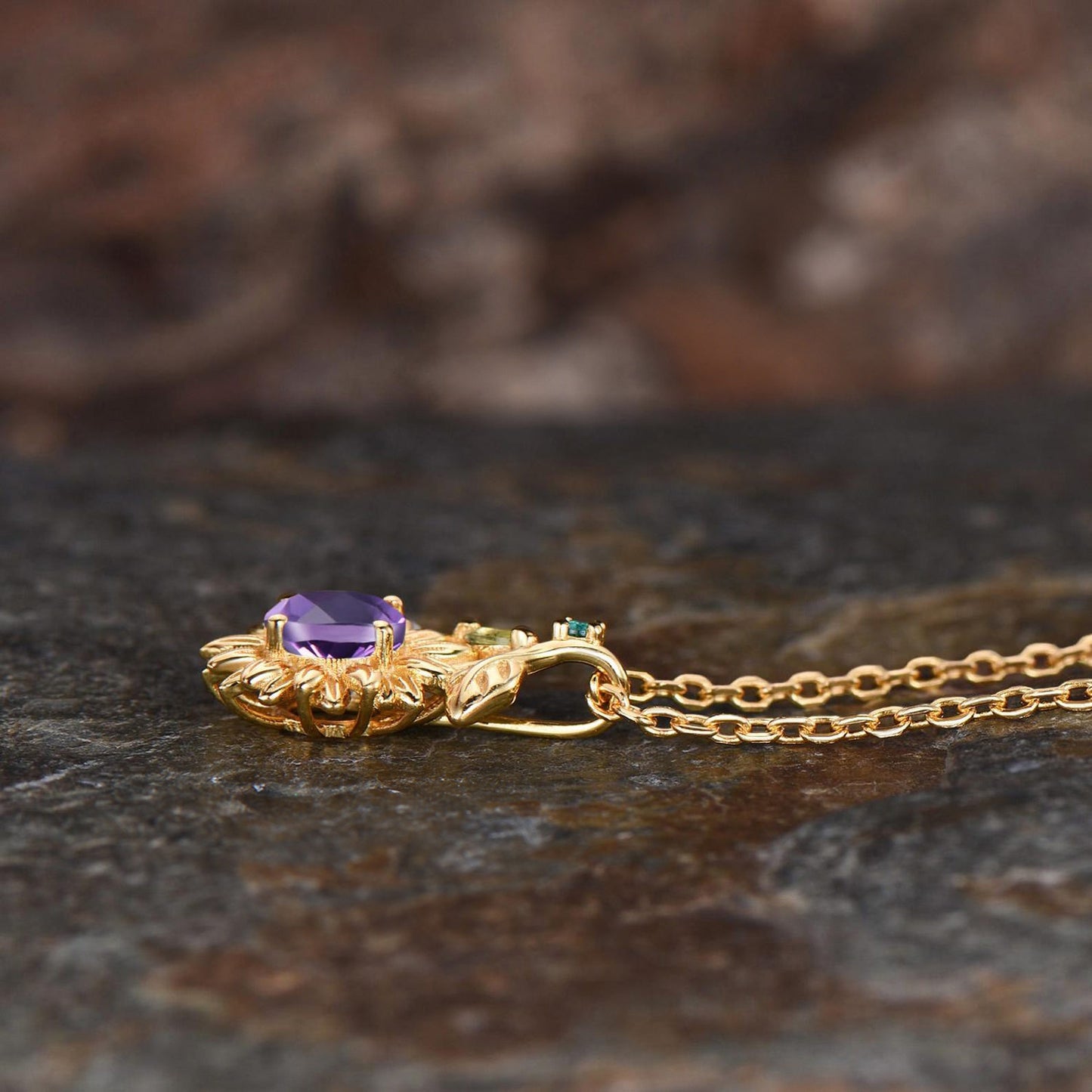 Vintage Sunflower Necklace Round Amethyst With Emerald Peridot Leaf 14k Gold Nature Inspired Floral Pendant Dainty Purple Crystal Jewelry