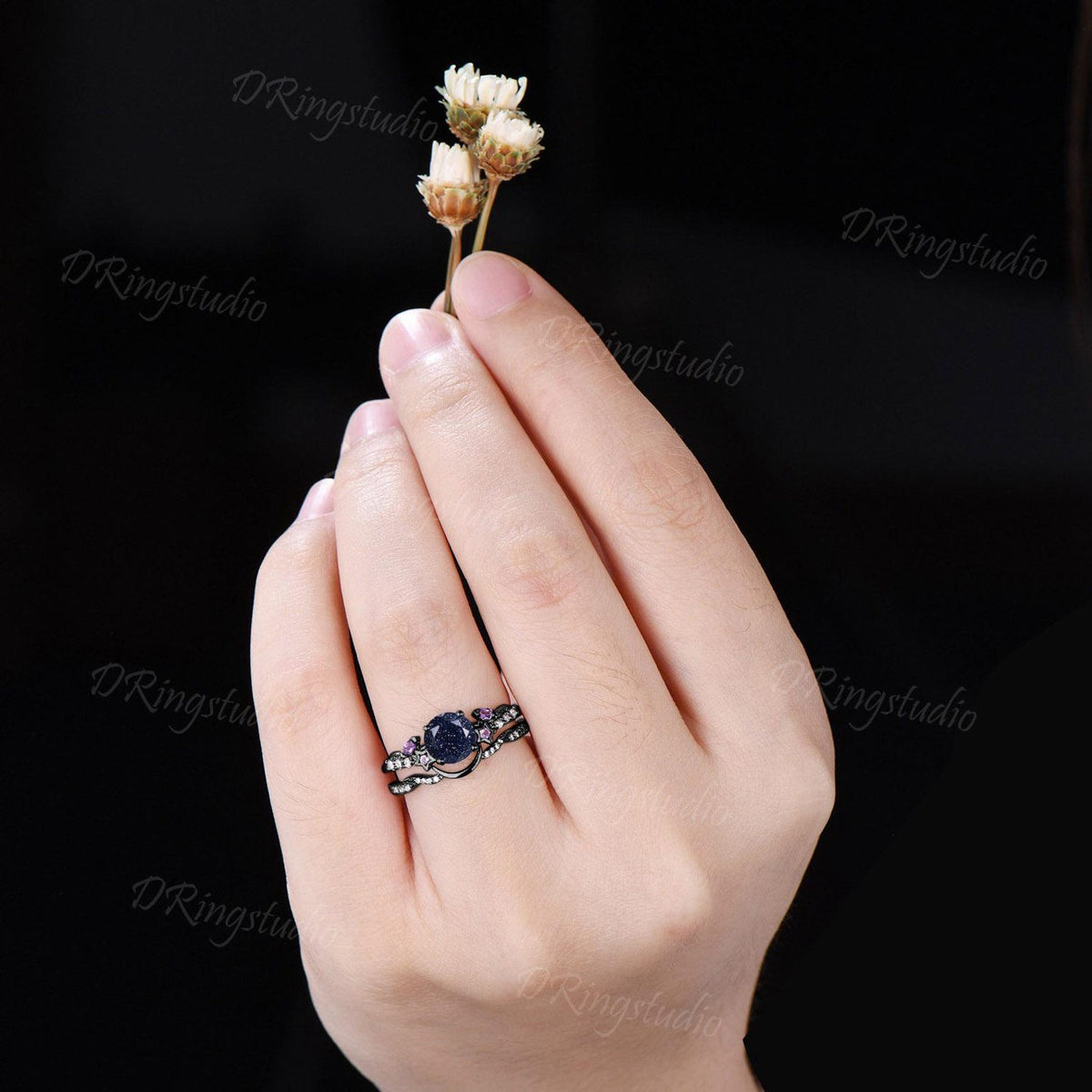 Black Gold Moon Nebula Blue Sandstone Ring Set Celestial Round Blue Goldstone Star Engagement Ring Amethyst Cluster Promise Bridal Ring Set