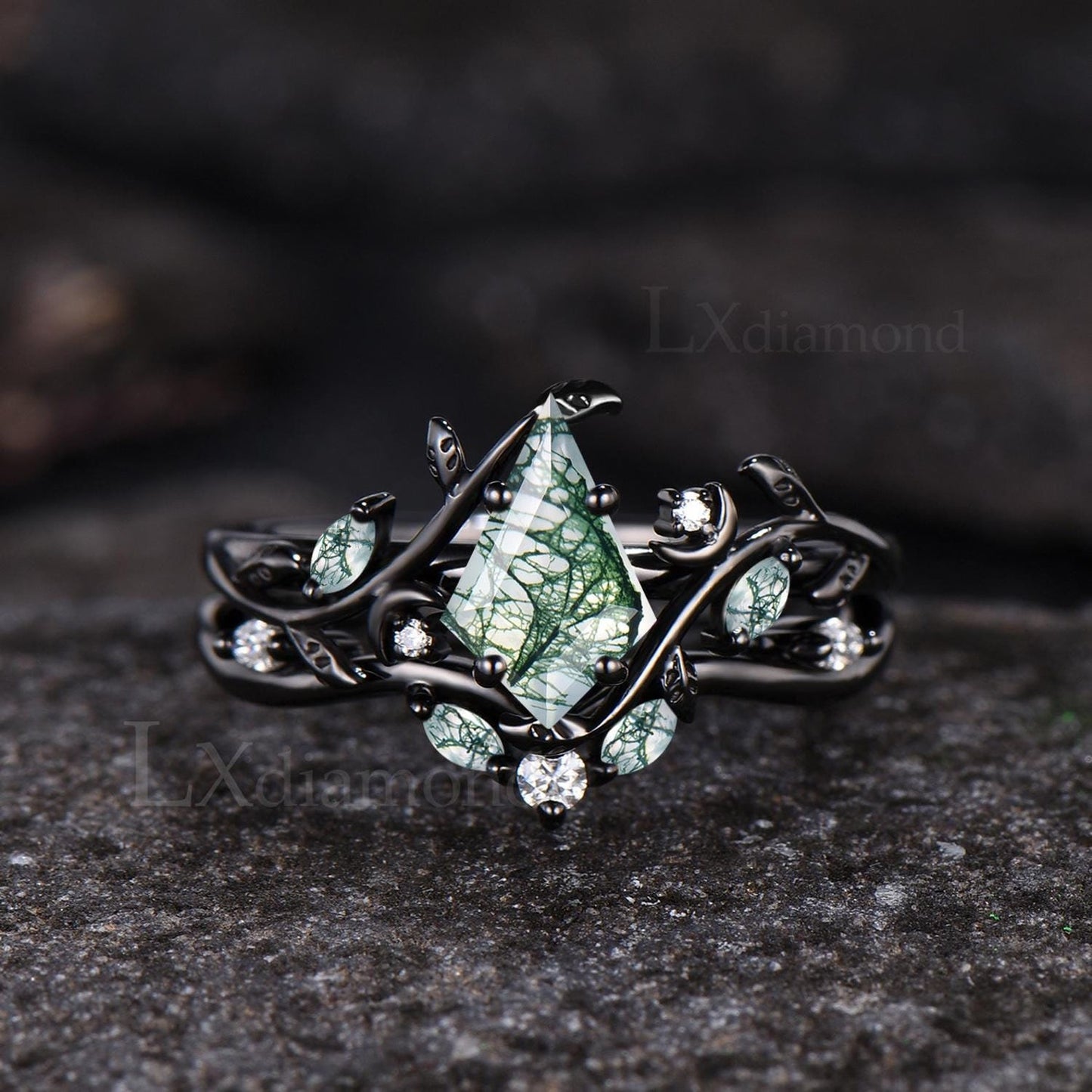Art Deco Kite Cut Natural Green Moss Agate Engagement Ring Set Unique 14k Black Gold Leaf Vine Twig Branch Nature Inspired Ring Moon Ring