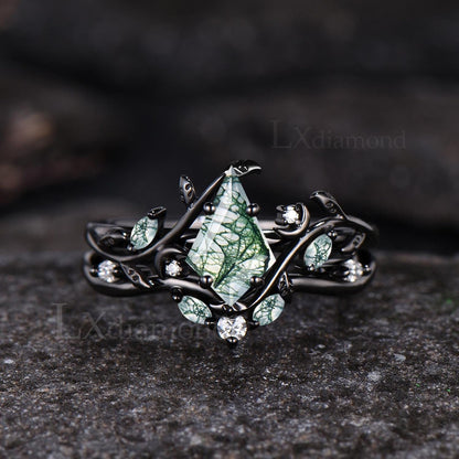 Art Deco Kite Cut Natural Green Moss Agate Engagement Ring Set Unique 14k Black Gold Leaf Vine Twig Branch Nature Inspired Ring Moon Ring