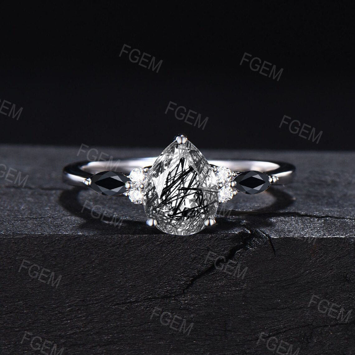 1.25ct Pear Cut Black Rutilated Quartz Engagement Ring Set Marquise Black Spinel Gemstone Ring 14k Rose Gold Unique Promise Wedding Ring Set Women