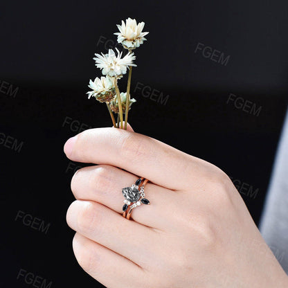 1.25ct Pear Cut Black Rutilated Quartz Engagement Ring Set Marquise Black Spinel Gemstone Ring 14k Rose Gold Unique Promise Wedding Ring Set Women