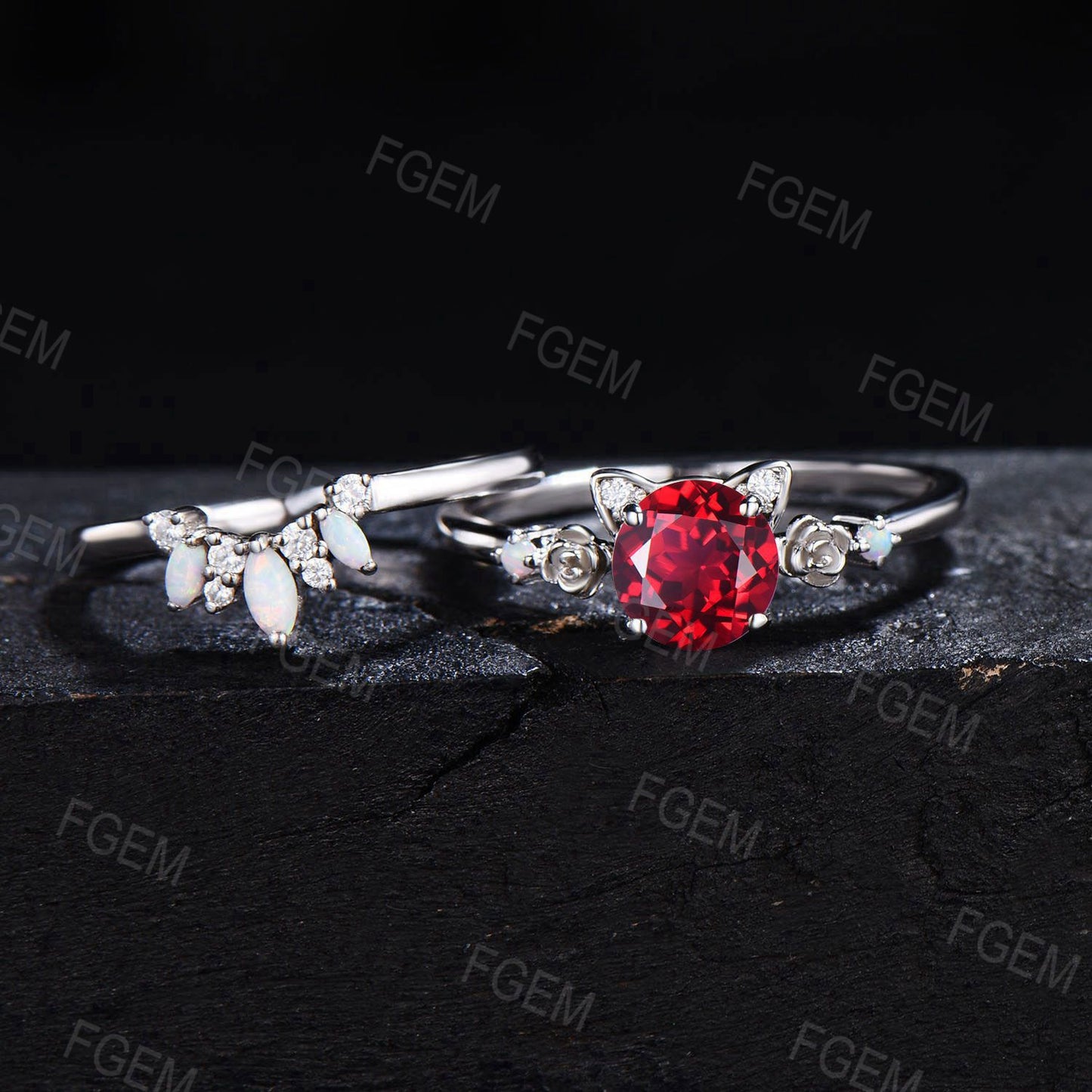 Cat Round Ruby Engagement Ring Set Floral 6.5mm Red Gemstone Bridal Set Gold Kitten Opal Bridal Set July Birthstone Ring Gift for Cat Lovers