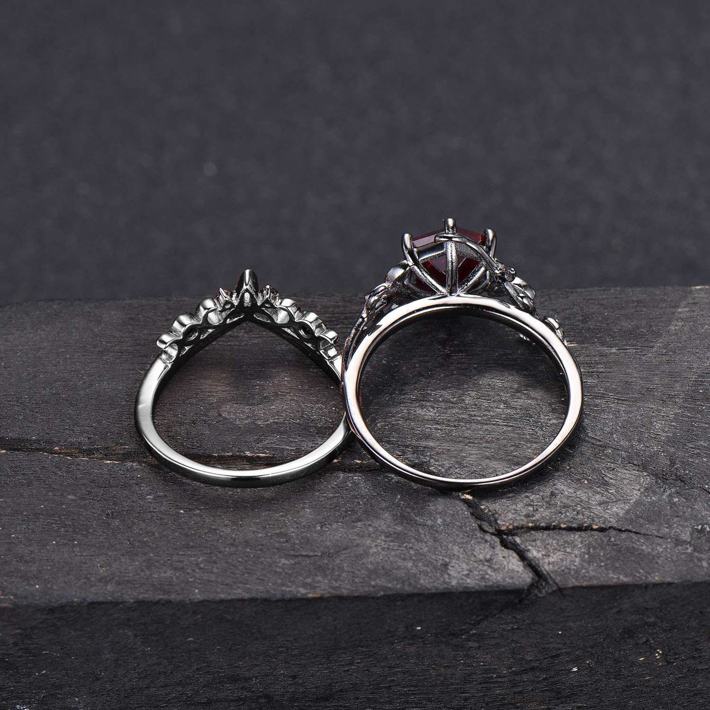 Black Gold Ruby Engagement Ring Nature Inspired Twig Leaf Wedding Ring Hexagon Cut Ruby Ring Set Black Leaf Ring Unique Celtic Promise Ring