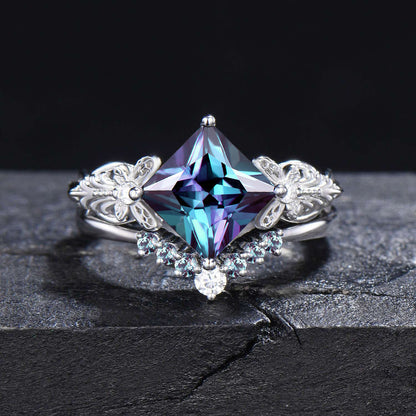 Butterfly Alexandrite Engagement Ring Set 1.2CT/2CT/3CT Princess Cut Alexandrite Ring Solid Gold Moissanite Filigree Wedding Ring Women Gift