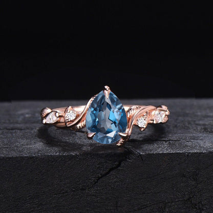 Unique 1.25ct Pear Shaped Leaf Natural London Blue Topaz Bridal Ring Set December Birthstone Wedding Ring Nature Inspired Engagement Rings