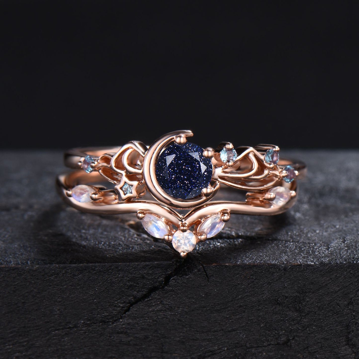 Celestial Galaxy Blue Sandstone Engagement Ring Sailor Moon Star Round Blue Goldstone Moonstone Bridal Set Unique Bowknot Ring Promise Women Gifts