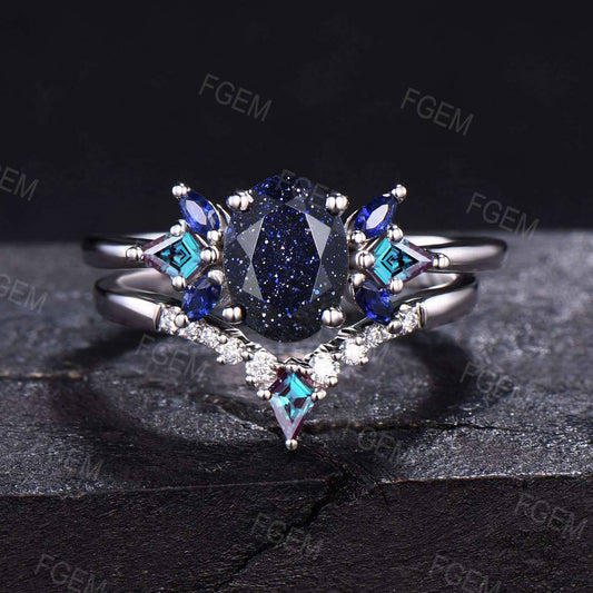 Oval Galaxy Blue Sandstone Engagement Ring Blue Sapphire Kite Alexandrite Cluster Wedding Ring Unique Blue Goldstone Bridal Set Propose Gift