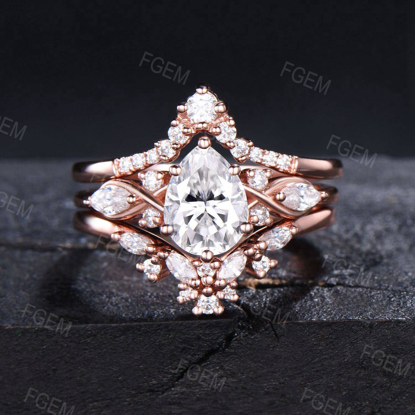 14k Rose Gold Teardrop Moissanite Engagement Ring Set Enhancer Guard Ring Double Curved Moissanite Wedding Ring