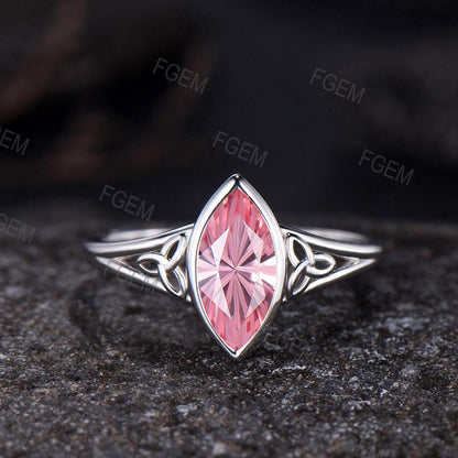 Celtic Knot Marquise Fireworks Cut Padparadscha Pink Sapphire Bezel Engagement Ring Set Split Shank, 3pcs Crown Infinity Wedding Ring Set
