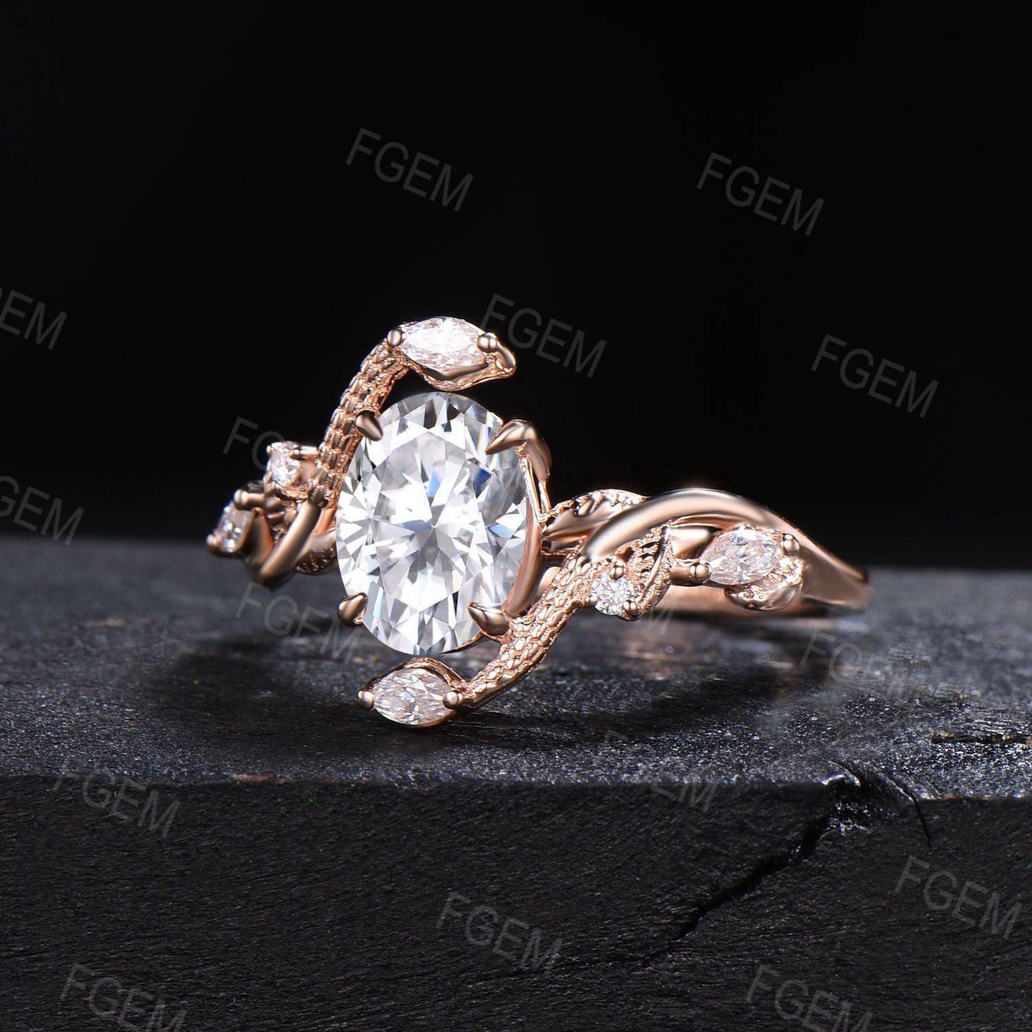 Gold Snake Oval Moissanite Ring Set Nature Inspired Branch Leaf Moissanite Bridal Set Dainty Snake Engagement Ring Serpent Ring Promise Gift