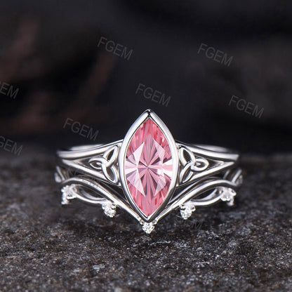 Celtic Knot Marquise Fireworks Cut Padparadscha Pink Sapphire Bezel Engagement Ring Set Split Shank, 3pcs Crown Infinity Wedding Ring Set